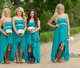Modest Teal Turquoise Bridesmaid Dresses Cheap High Low Country Wedding Guest Gowns Under 100 Beaded Chiffon Junior Plus Size Mate8008011