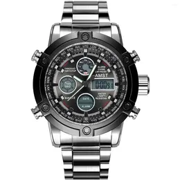 腕時計の有名なamstデジタルクォーツアナログディスプレイデュアルタイムメンステンレススチールスポーツ軍人の防水手首