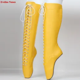 Boots Yellow Heelless Ballet Boots Women's New Arrival Solid Round Toe Patent Leather Sexy Cosplay Nightclub Pole Dancing Shoes