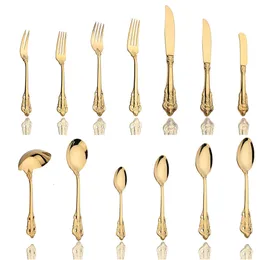 6pcs Vintage Western Gold Blary Yemek Tatlı Bıçak Çatal Kaşığı Set Altın Lüks Yemek Takımı Gravür Sofra Takımı 240315