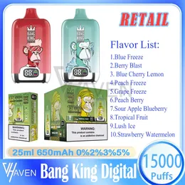 Original Bang King Digital 15000 Puff Caneta Vape Descartável 25ml Pod Pré-preenchido Bobina de Malha 650mAh Bateria Recarregável 0%2%3%5% Puffs de Nível 15k 10 Sabores