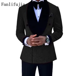 Fanlifujia Luxury Red Glitter Suits Men Groom Wedding Tuxedo Double Breasted Blazer Formell Evening Party Prom Dress 2 Pieces Set 240312