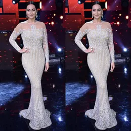 Luxury Long Sleeve Sequined Mermaid Prom Dresses Sexig Sheer Jewel Neck Evening Wear Beads Celebrity Prom Gowns7522771