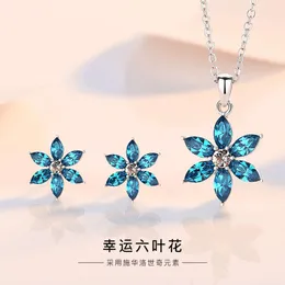 Baoyilong New Sterling Selling Silver High Grade Crystal Lucky Six Leaf Flower Necklace Eorstuds Womens Set Jewelry