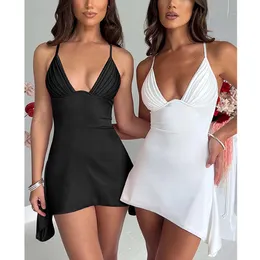 Cetim cinta de espaguete sexy mini vestido feminino robe verão novo decote em v profundo sem mangas sem costas clube vestido de festa