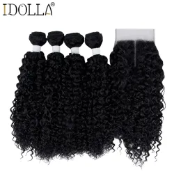 Weave Weave Syntetiskt hårväv 16 -stycken/Lot Afro Kinky lockiga hårbuntar med stängningssyntetiskt hår för svart kvinna