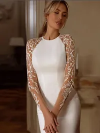 Элегантное свадебное платье русалки женское 2024 с длинными рукавами и кружевом с иллюзией сзади и круглым вырезом, атласное свадебное платье с скользящим шлейфом, Vestidos De Noiva YD