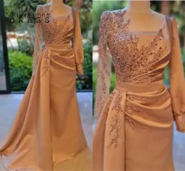 Modest Sleeve Of Bride Groom Dresses Sheer Jewel Neck Appliqued Sequined Satin Long Mother Evening Formal Ocn Gowns BC