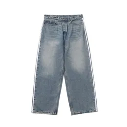 Jeans firmati per uomo e donna 24SS Jeans blu con nastro laterale di alta qualità Pantaloni larghi unisex Pantaloni alla moda da uomo di marca di tendenza