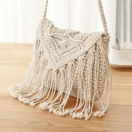 Handmade Cotton Woven Knitted Tassel Crossbody Bag Vintage Shoulder Messenger Bag Female Fashion Beach Summer Handbags for Women