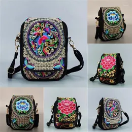 Omuz çantaları etnik tarzı çanta kadınlar mini diyagonal tuval küçük kare çiçek çok yönlü mobil sıfır cüzdan