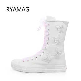 Botas ryamag 2022 novas botas de lona feminina de dança no meio da panturrilha de bordado de bordado de moda de moda vulcanize tênis