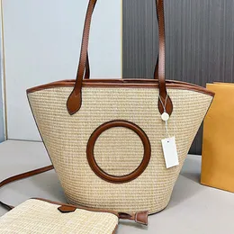 Woven Bucket Tote Shopping Bag Leather Handle Internal Zipper Pocket Hook Closure Zipper Small Wallet Summer Beach Handbags Purse Weekend Package