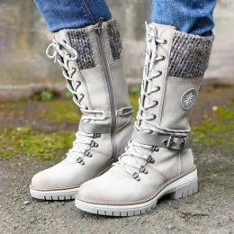 Boots Women's Boots 2022 Autumn and Winter New Laceup Knitted Women's Midcalf Casual Thicksoled Shoes Fleece Warm Botas De Mujer