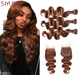 Färg 4 Dark Brown Brasilian Virgin Hair 34 Bunds med spetsstängning Body Wave Human Hair Weaves Extensions med stängning25922494751246