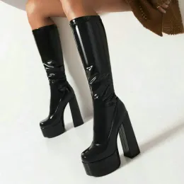 Boots Black White Red Women Knee High Boots Platform Square High Heel Ladies Calf Boots Patent PU Leathe Round Toe Slip on Dress Boots