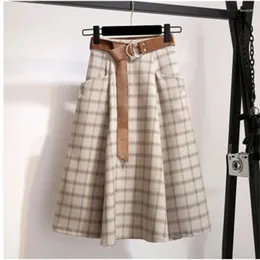 Skirts With Belt Tartan Skirt Women's Vintage Long High-Waist A- Line Dress Woman Mujer Faldas Saias Mulher