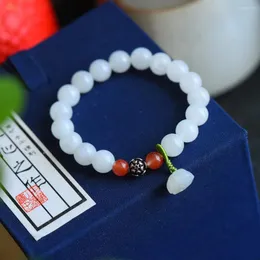 Strand Hetian Jade 10mm Round Bead Bracelet With Lotus Pod Ornaments 9407#