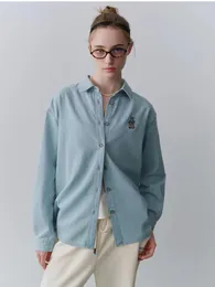 女性用ブラウス女性用コットンルーズシャツブルーカラーベア刺繍フルスリーブスプリングコートトップ