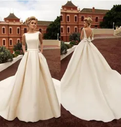 2022 Vintage Country Vestidos de casamento de cetim com bolsos Backless Bow Boho Beach A Line Backless Wedding Dress Vestidos de noiva BC112362714504