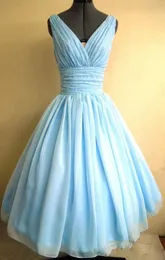 Hellhimmelblaues 1950er-Jahre-Cocktailpartykleid im Vintage-Stil, Teelänge, Übergröße, Chiffon, gerüscht, V-Ausschnitt, kurzes Ballkleid für Damen, Ballkleid, Cust3891215