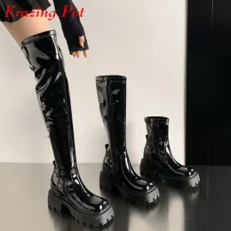 Stiefel Krazing Pot Mikrofaser runde Zehen dicke hohe Heels Reitstiefel Winter täglich Warmharme, elastischer wasserdichtes über die Knee -Stiefel