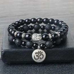 Strand Classic Buddha Natural Stone Bead Bracelet Set Aum Pendant Shiny Black Lava Distance Elastic Bangle Chain Pulsera Prayer Jewelry