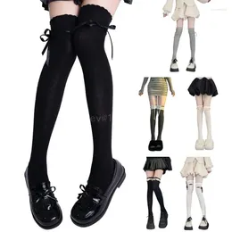 Women Socks Ballet Frilly Over The Knee Long Japanese JK Girl Ribbon Bowknot Lace Ruffle Thigh High Stockings