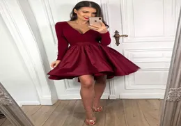 Aline Burgundy Satin Homecoming Party Dresses Deep Vneck Long Sleeve Short Cocktail Dress Prom Gowns Aline Womens3987331