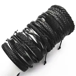 Bangle 10 PCS/SET Black Wrap Woven New Fashion Handgjorda män Armband Män Kvinnor läder armband armband män smycken grossist gåva 240319