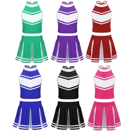Barnflickor Cheerleading Costume Cheerleader Outfit ärmlösa dragkedjor med veckad kjolskolan prestationskläder 240305
