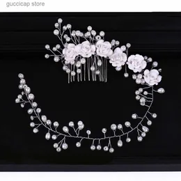 Tiaras AiliBride Long Flower Pearl Hair Comb Bridal Hair Accessories Wedding Headpiece Hair ornaments Bride Women Hair Jewelry Handmade Y240319