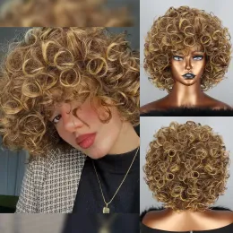 Peruker Kort peruk Curly Gold Synthetic Afro Kinky Curly Wig With Bangs Natural Wig For Women's Heat Resistant Fiber Fluffy Hair