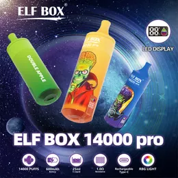 Puff 14k ELF Box 14000 Pro Puffs Vapes Disposable E Cigarettes LED Display 0% 2% 3% 5% 25ml Pre-filled Pod Mesh Coil 600mAh Rechargeable Battery 10 Flavors RGB Pen