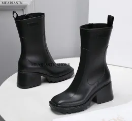 Stivali stivali da pioggia di punta quadrata per donne stivali caviglia tallone grosso da donna scarpe da donna in gomma stivali invernali spessi scarpe da pioggia per donne