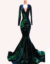 Smaragdgrünes Meerjungfrau-Abendkleid aus Samt mit langen Ärmeln, 2020, glitzernde Luxus-Pailletten, Winter-Party-Anlass-Abschlussballkleid 5102985