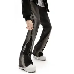 y2k streetwear فافلة الفضفاضة رجال الجينز سراويل تقسيم السوستة مستقيمة خمر غسلت السوداء الهيب هوب سراونز بانتالون homme 240304