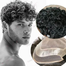 Toupet Parrucchino da uomo 100% capelli umani Attaccatura naturale dei capelli Parrucchino riccio anteriore in pizzo per uomo Pelle sottile Mono rete Sistema di ricambio Posticci