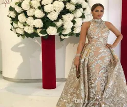 2019 High Neck Champagne Yousef Aljasmi Dubai Arabic Evening Dresses Prom Gowns Overskirt Detachable Train Mermaid Lace Applique P4530619