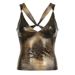 여성용 탱크 Y2K American Spicy Girl Glossy Leopard Pattern Contrast Slim Fit V-Neck Sexy Cross Off Back Strap Small Tank Top