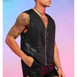 Homens Tanques Homens Lantejoulas Brilhantes Disco Dance Vest Casaco Retro 60s 70s Rock Disco Party Come Low Cut V Neck Sem Mangas Front Zipper Colete 2024 L240311