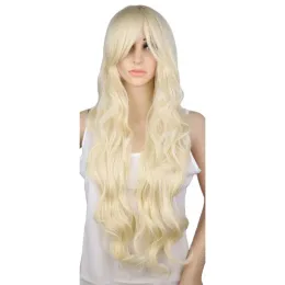 Peruker qqxcaiw lång lockig blond peruk cosplay kostymfest kvinnor 70 cm hög temperatur syntetiska hår peruker