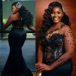 2024 African Plus Size Prom Dresses for Black Women Illusion Mermaid Evening Dresses Elegant Beaded Birthday Gowns Second Reception Gown Engagement Dress AM541