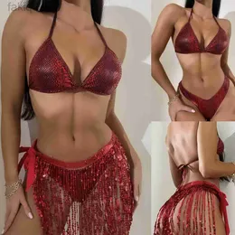 Sexig uppsättning 2024 Womens New European Style Sexig Bikini Fringe Sequin Swimsuit Three-Piece Thong Fashion Swimsuit Bikini Set 24319