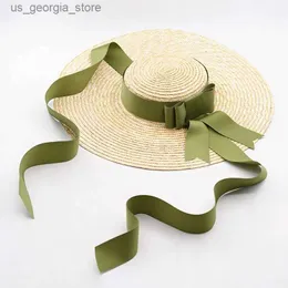 Шляпы с широкими полями Шляпы-ведра Натуральная пшеничная шляпа Женская шляпа от солнца с большими полями Лента с бантом Элегантная женская летняя пляжная шляпа от солнца Chapeau Sombreros Y240319