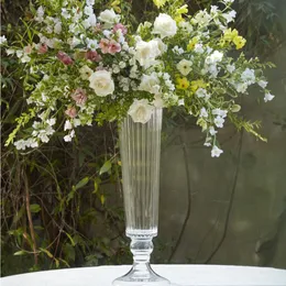 Fornecedor de casamento vaso de flores de vidro sob medida, vaso de cristal alto, trompete, peça central floral para decoração de mesa de festa de evento