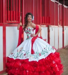 Mexikanska broderi quinceanera klänningar vita och röda korsett baksöta 16 klänningar 2020 prinsessan tiered organza boll klänning prom klänning1905678