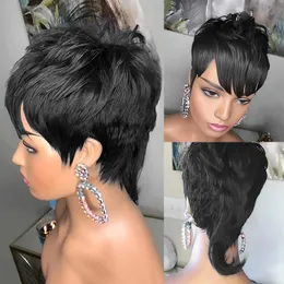Syntetiska peruker cosplay peruker mullet peruk för svarta kvinnor naturligt svart mänskligt hår pixie klippt justerbar storlek 70 -tal 90 -tals tema peruk 240328 240327