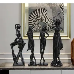 Zbiór żywicy ozdoby dziewczyny czteroczęściowe garnitur dekoracje domowe ozdoby stacjonarne czarne figurki rzeźby rzeźby 240311