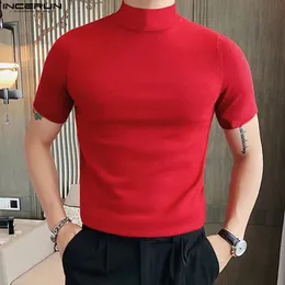 Mężczyźni Casual T Shirt Solid Color Turtleeck krótki rękaw streetwear Camiseta Masculina Fitness Stylowe wierzchołki TEE S-5xl Inderun 240312